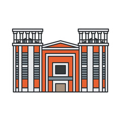 Naklejka premium Historic public building icon with twin towers and columns. Architectural landmark isolated on white background.