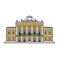 Naklejka premium Historic neoclassical mansion icon with columns. Flat illustration isolated on white background.
