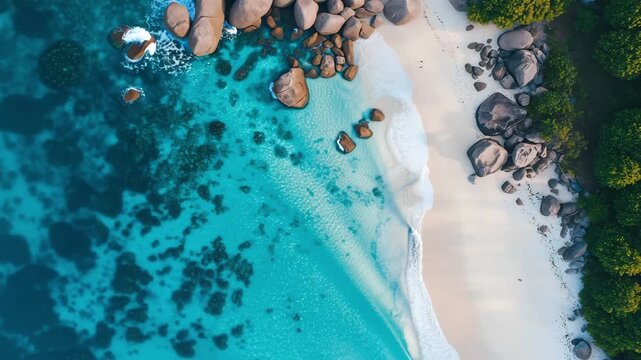 Waves wash over the sandy beach as clear water reflects the sunlight at a remote coast with rocks nearby