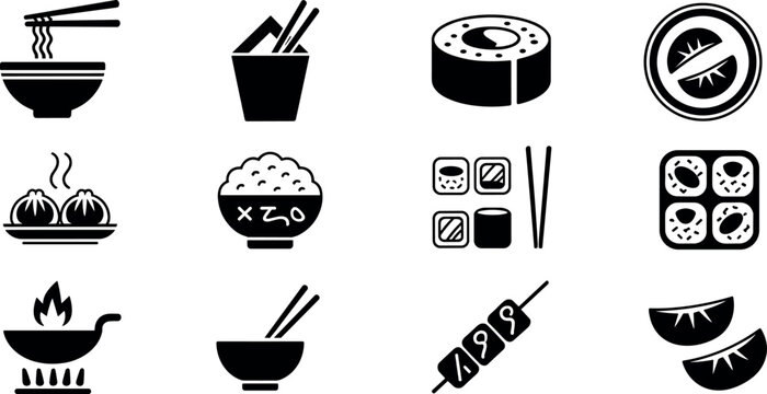 Asian food icon set with sushi noodles dim sum rice wok and bento box isolated vector illustrations