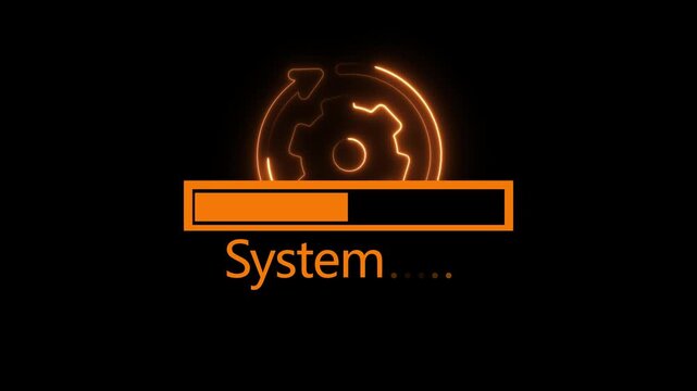 Neon orange system loading bar with rotating gear animation on black background, progress update