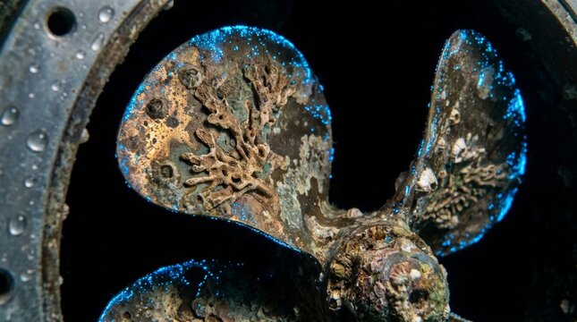 Rusty ship propeller underwater with blue bioluminescent particles dramatic