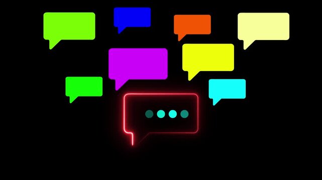 Neon speech bubbles with typing indicator animation, social media communication concept chat