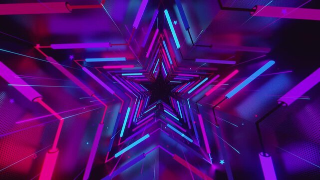 Seamless digital star vortex with rhythmic motion and glowing geometric elements, creating a deep perspective background for stage screens and event displays.