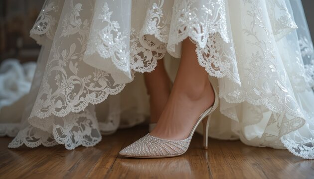 Closeup of a womans feet wearing a white wedding dress and highheeled shoes on a wooden floor with lace details