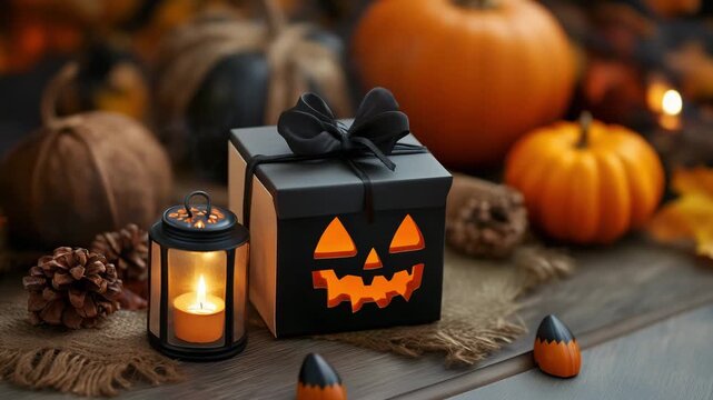 A collection of Halloween decorations including pumpkins, a gift box, and a lantern arranged on a table with autumn elements