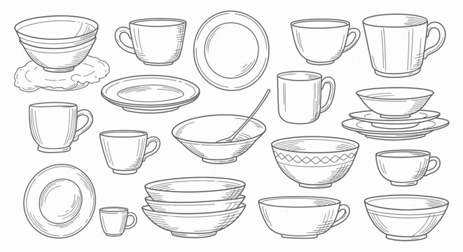Hand drawn kitchenware collection with ceramic bowls and cups