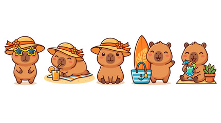 Cute capybara summer beach holiday cartoon character bundle vector illustration © Teguh