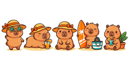 Fototapeta premium Cute capybara summer beach holiday cartoon character bundle vector illustration