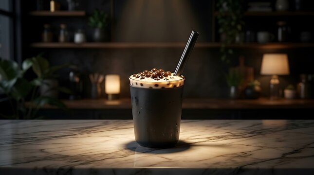 A refreshing glass of boba tea topped with dark tapioca pearls served on a sleek marble countertop in a moody dim lit modern kitchen interior setting