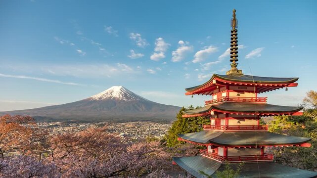 Fujiyoshida Yamanashi Japan time lapse at Chureito Pagoda Arakurayama Sengen Park with spring sakura cherry blossom and Fuji Mountain