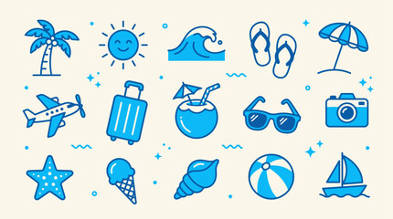 Fototapeta premium Minimalist beach holiday glyph icon collection on cream background illustration