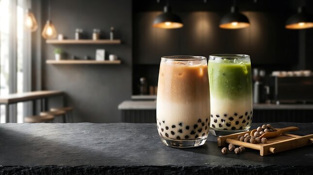 Two glasses of boba tea with milk tea and matcha latte on a dark stone counter inside a stylish modern cafe setting with a wooden tray of tapioca pearls