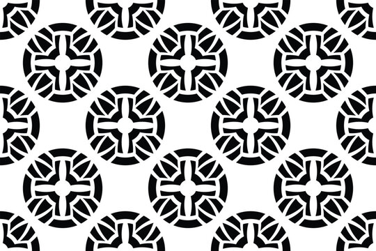 Radial Cross Medallion Seamless Pattern, Geometric Sun Wheel Repeat Texture Vector