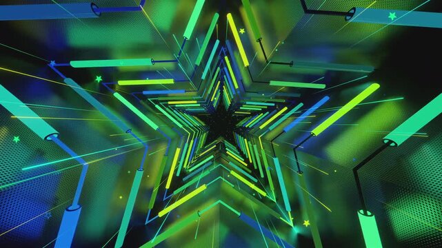 Seamless loop of a star-shaped tunnel. Abstract digital vortex with rhythmic motion and glowing geometric elements, creating a deep perspective background for stage screens and event displays.