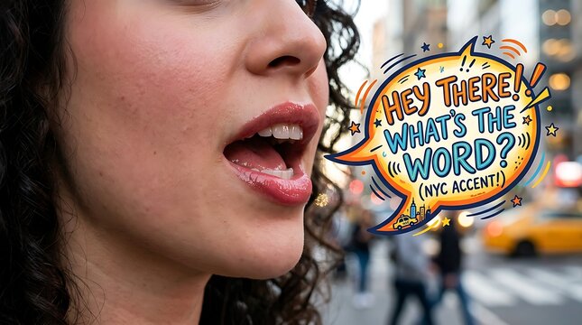Woman Speaking Hey There, What's The Word? in Speech Bubble