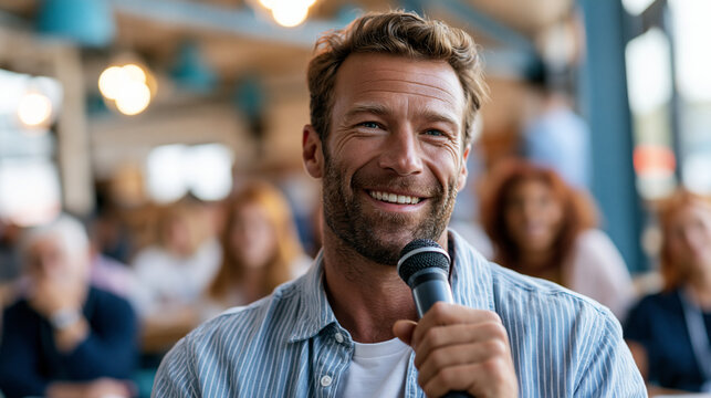 Human portrait of a confident smiling speaker with charisma and warm approachable leadership at a community event photorealistic