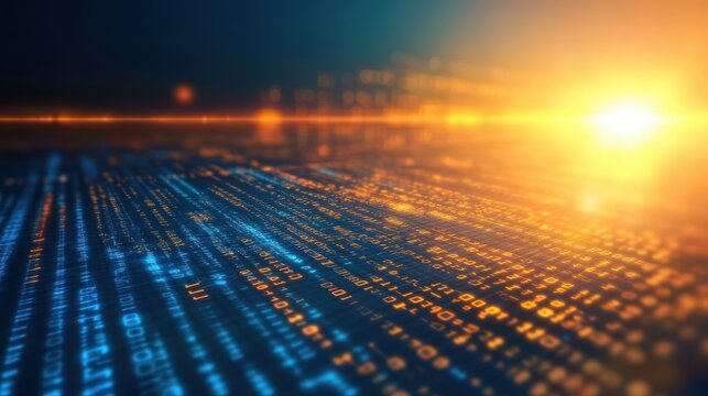 Abstract digital data flow with glowing binary code and golden horizon lines for futuristic technology concept background