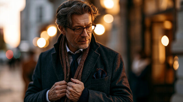 Mature man adjusting coat before a cultural event on a warm evening street light, timeless elegance and refined posture photorealistic