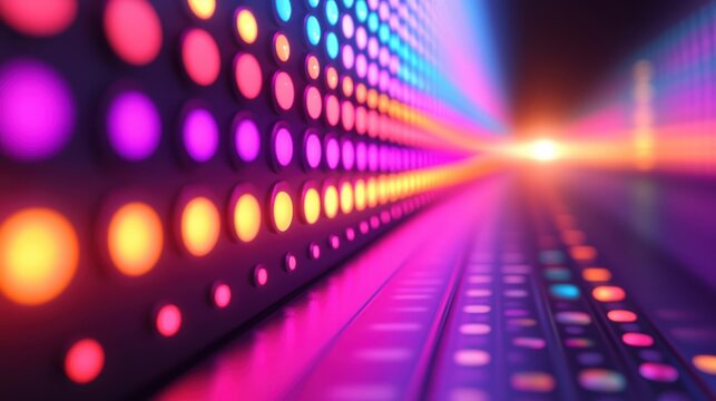 Abstract glowing led dot pattern background with dynamic colorful lights and vibrant perspectives