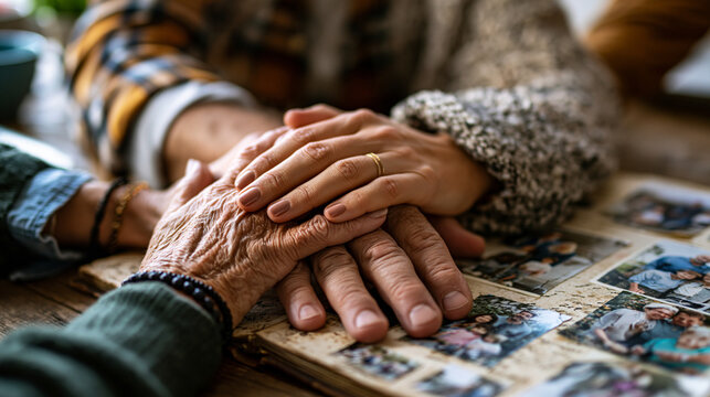 Three generations of family placing hands over a vintage photo album on a wooden table, symbolizing memory, kinship, continuity, heritage and legacy