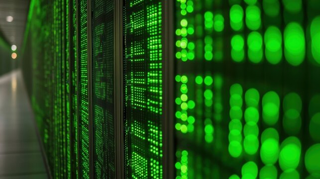 Abstract data center server corridor with glowing green led indicator lights displaying digital information processing systems