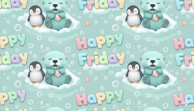 Happy Friday, otter and penguin friend seamless pattern