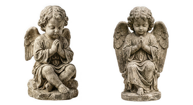 Two stone angel statues praying isolated on transparent background