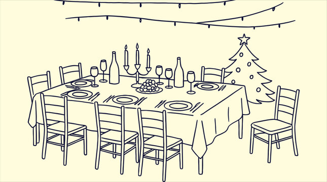 Hand drawn line art illustration of a festive Christmas dinner table set with plates and decorations next to a holiday tree