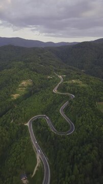 Aerial view of winding asphalt mountain road among green trees in summer. (Domani&ccedil;,İneg&ouml;l dağ yolu)