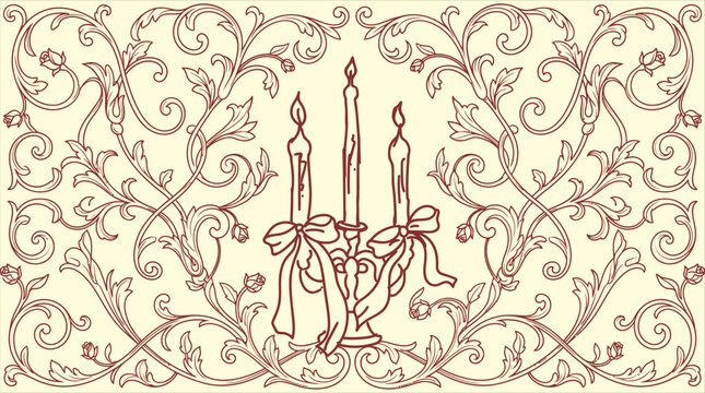 Elegant vintage vector illustration of a three-candle candelabrum with a ribbon, framed by intricate swirling scrollwork and decorative botanical flourishes