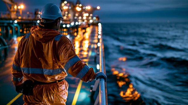Tanker crew member walking on illuminated safety lines on deck at night over dark ocean in professional maritime work atmosphere