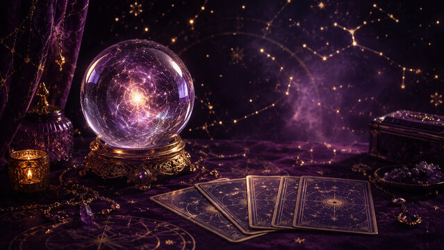 Mystical Crystal Ball and Tarot Cards with Golden Constellations