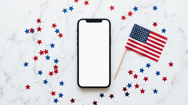 Smartphone with blank screen surrounded by American flag and patriotic star confetti on a marble