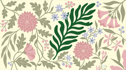 Vintage floral vector pattern with pink dahlias, green fern leaves, and wildflowers on cream background © Pronob Kumar Ray