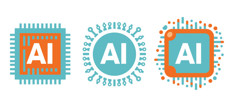 Ai icon set featuring processor chip and digital network