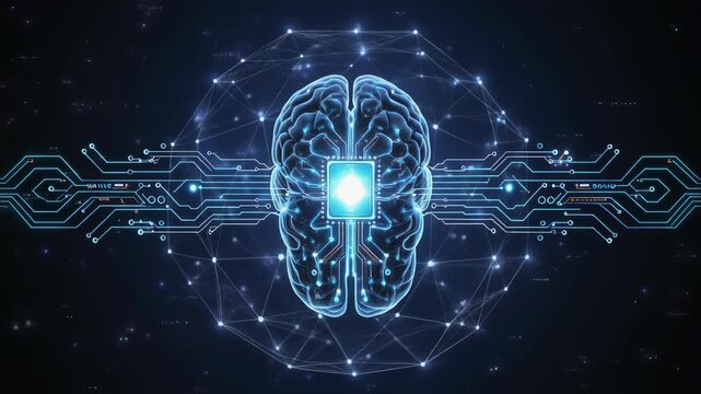 Futuristic Human Brain with Integrated Microchip and Neural Network 4K Generative AI