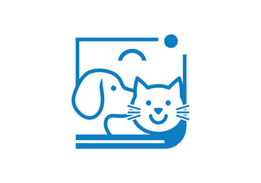 Simple line drawing of a dog and cat inside a rectangular frame with a circular background