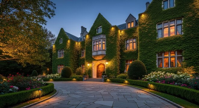 Stately manor house facade covered in ivy at twilight as isolated element