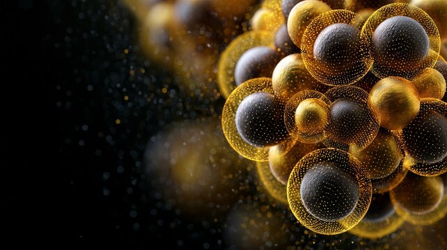 Futuristic molecular structure with dark spheres surrounded by glowing golden particle auras for nanotechnology concepts quantum physics and advanced chemistry visuals