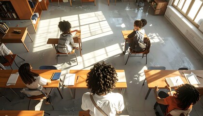 Obraz premium Students in classroom with desks and large windows (1)