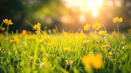 Obraz premium Sunlit meadow with yellow flowers.