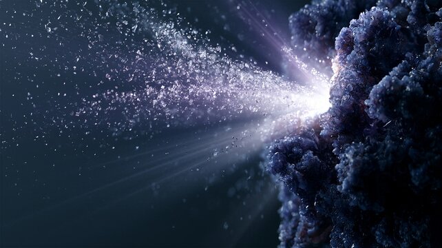 High contrast microscopic explosion of dark biological crystal emitting radiant light and particles for quantum physics cosmic energy and cellular destruction visuals