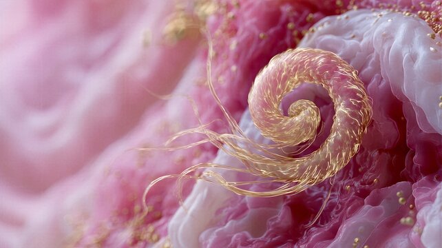Extreme macro render of glowing golden spiral parasitic organism embedded inside soft pink cellular tissue for immunology infection and microscopic biomedical visuals
