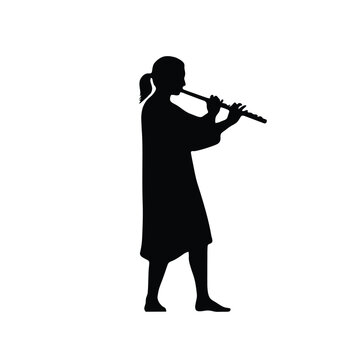 Flute Player Silhouette Against White Background Minimalist Vector Illustration