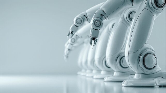 Close up of automated robotic arms working in sequence on reflective factory floor illustrating future tech