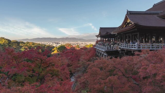 Kyoto Japan time lapse at Kiyomizu dera temple in autumn season