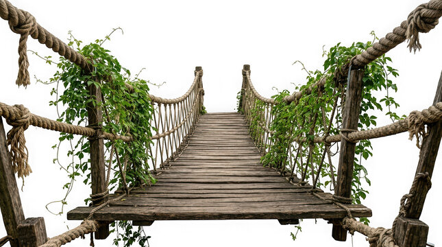 Wooden rope bridge with green vines isolated on transparent background