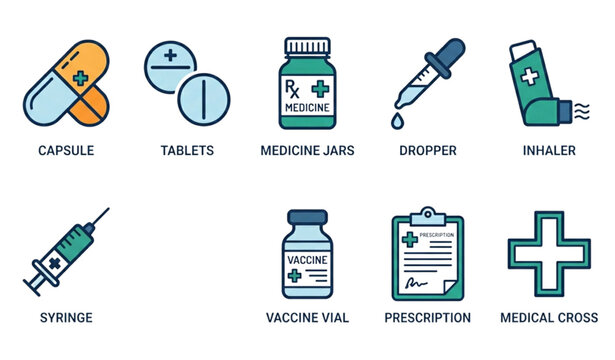 Medical supplies and pharmaceutical icons