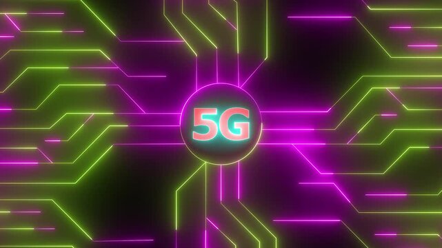 5 g network technology concept with glowing neon circuit board lines and digital data connectivity